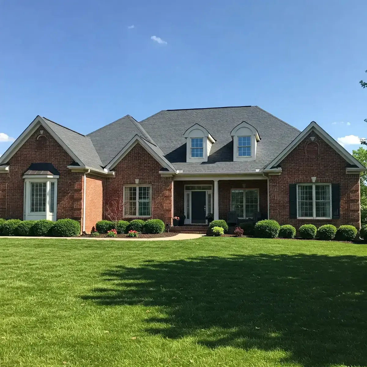 Brick ranch home with twin dormers and a charcoal shingle roof