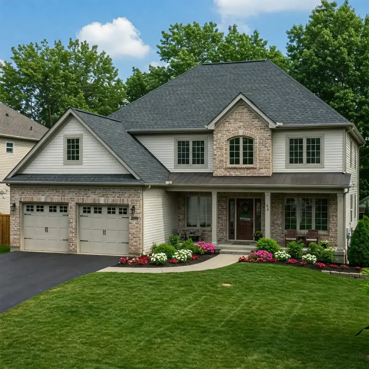 Two-story home with stone veneer, cream siding and a charcoal shingle roof